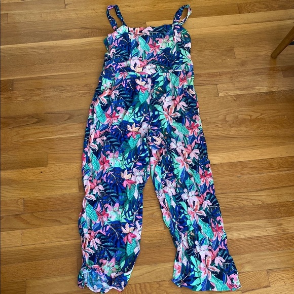 LOFT Blue and Pink Floral Jumpsuit with Wide-Leg Cropped Pants - Picture 3 of 4